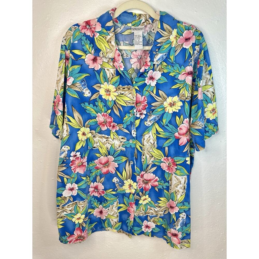Vintage 90s Hawaiian Theme Floral Parrot Button Up Tropical Blue Plus 1X